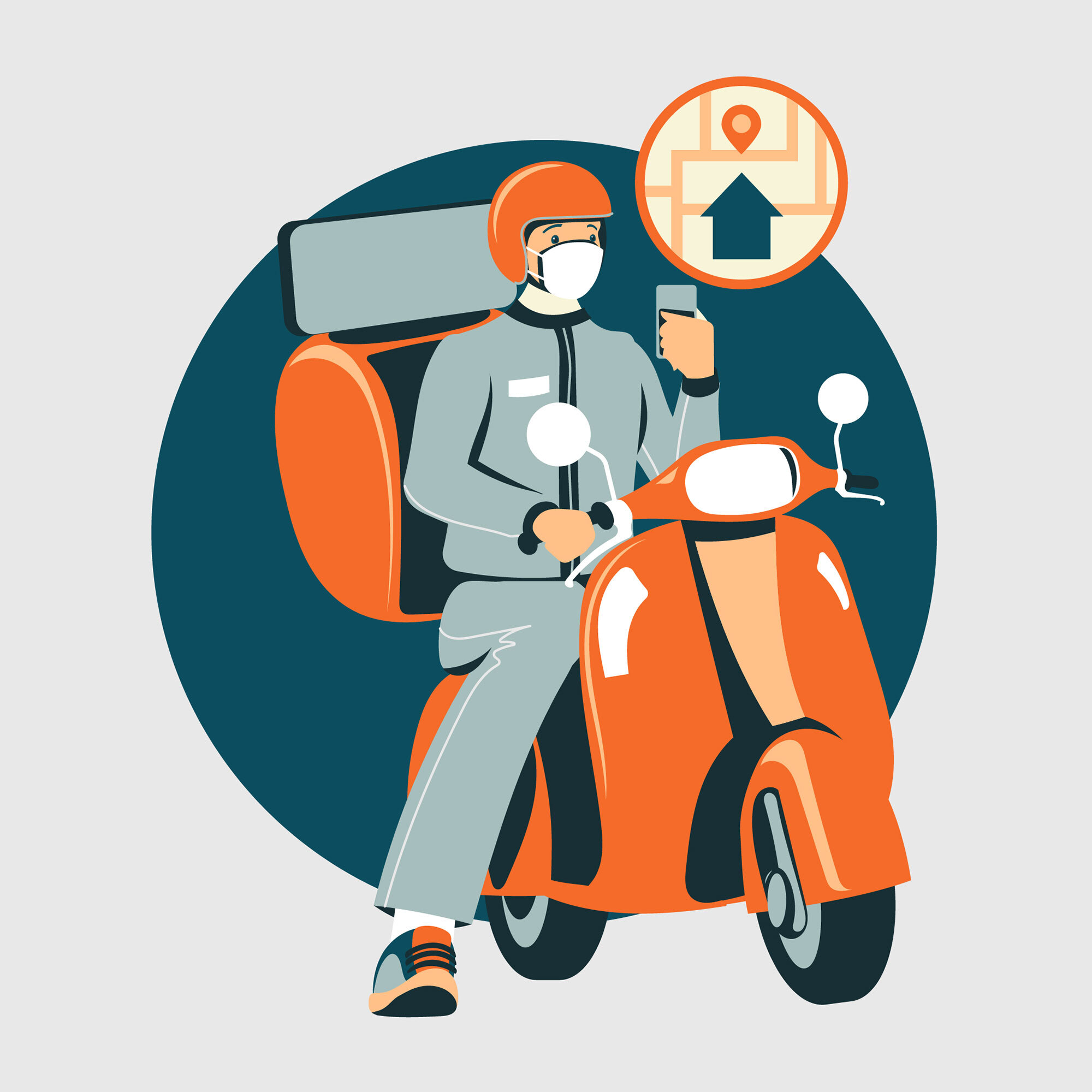 Un coursier à bord d'une moto avec un sac au dos et qui consulte la géolocalisation